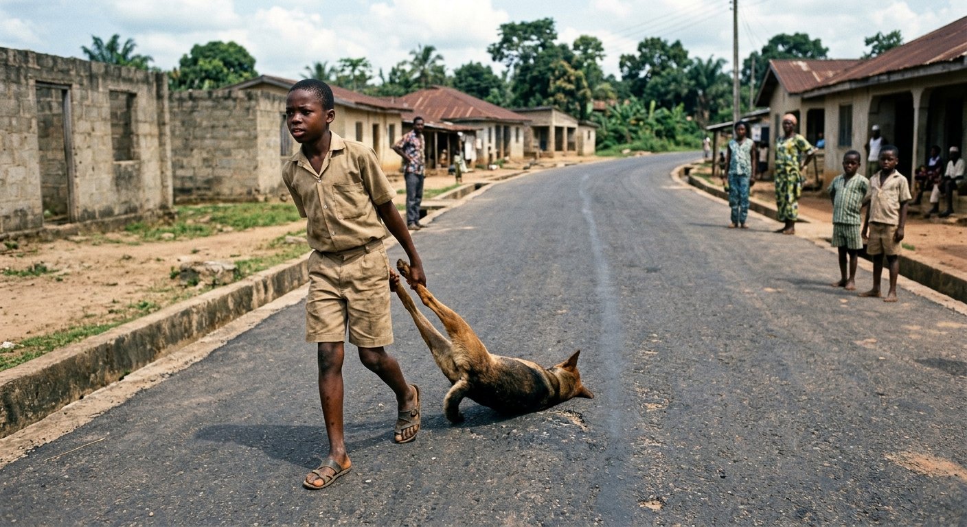 student dragging the dog back to the compound